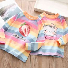 Spring Autumn New 2 3 4 6 8 10 Years Children Cotton Cartoon Long Sleeve Colourful Stripe Basic T-Shirt For Baby Kids Girls 210414