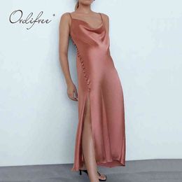 Summer Fashion Women Satin Party Spaghetti Strap Vintage Sexy Split Silk Slip Dress 210415