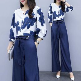 Summer Two Piece Set OL Ladie Sets Plus Size Top And Pants Wide Leg Woman Tracksuit Blouse/Pant/Set Three choices 210930