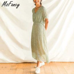 Msfancy Summer Green Print Long Dress Women Short Sleeve V-neck Vestido De Mujer Elegant Beach Robes 210604