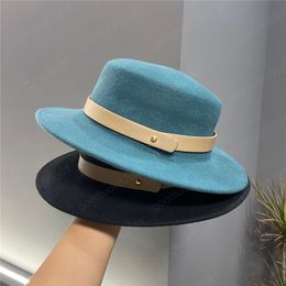 autumn winter women wide brim hats beautiful blue wool belt fedoras cap men woman leisure panama jazz hat