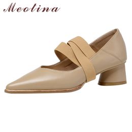 Meotina Real Leather Mid Heel Ankle Strap Shoes Women Pointed Toe Pumps Cross Tied Chunky Heels Shoes Dress Footwear Black 40 210520