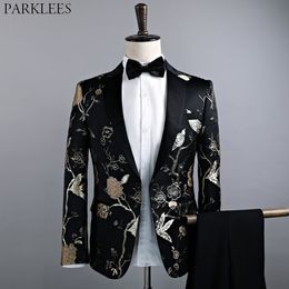 Gold Floral Bird Embroidery Stylish Dress Suit Men Brand One Button Notched Lapel Tuxedo Suits for Party Dinner Wedding 210522