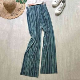 Summer Women Wide-leg Pants Loose High Waist Pleated Stripes Mop Were Thin Casual Trousers Free 210527