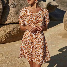 Sweetheart Neck Casual Print Ruched Mini Dresses Women Summer Short Sleeve Slim High Waist Ladies Vintage A-Line Dress 210510