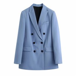 Elegant Women Blue Notched Collar Blazers Fashion Ladies Double Breasted Jacket Causal Female Chic Pocket Coats 210430