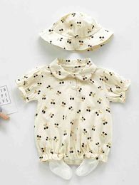 Baby Cherry Print Polo Neck Frill Trim Romper With Hat SHE