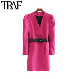 TRAF Women Vintage Stylish Office Wear With Belt Mini Dress Fashion V Neck Puff Sleeve Female Dresses Vestidos Mujer 210415