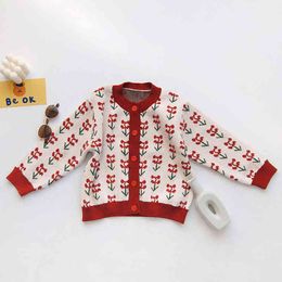 Autumn Winter Baby Girls Sweet Cherry Cardigan Coat Children Clothing Knitted Kids 210429