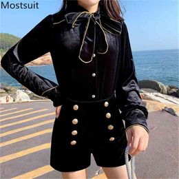Spring Black Velvet 2 Piece Shorts Suits Sets Women Bow Skirt + Golden Buttons Vintage Korean Office 210513