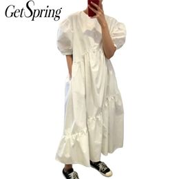 Getspring Women Dress Cotton Casual White Black Dresses Plus Size Asymmetry Puff Sleeve Long Loose Irregular Dresses Summer 210331