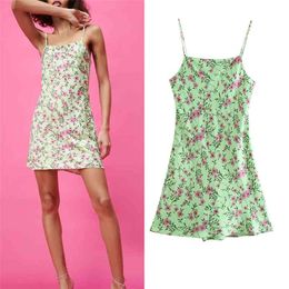 Women Summer Sexy Print Mini Dress ZA Off shoulder Satin Spaghetti Strap Female Elegant Dresses Vestidos Clothes 210513