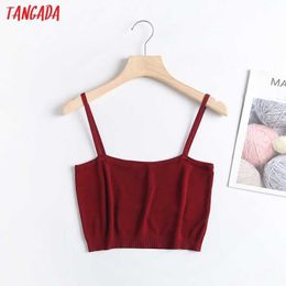 Tangada Women Red Knit Camis Crop Top High Quality Spaghetti Strap Sleeveless Backless Short Blouses Shirts Female Tops 6D45 210609