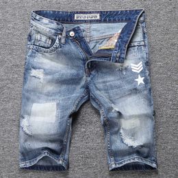 Summer Ly Fashion Men Jeans Retro Light Blue Printed Designer Ripped Denim Shorts Destroyed Hip Hop Cotton Short RSU0