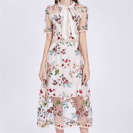 women floral embroidery party dresses white/black mesh lace frill long summer dress woman short sleeved ceremony 210603