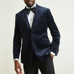 Slim fit Men Suits For Wedding Navy Velvet Blazer Groom Tuxedos Notch Lapel Groomsman Fashion Jacket with Black Pants 2021 X0909