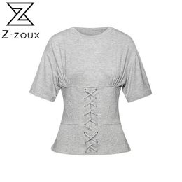 Women T Shirt Cotton Tshirt Short Sleeve Bandage Grey Tee Female Top Summer T-shirt Fashion 210513