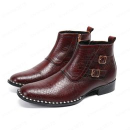 Vintage Style Plus Size Mens Shoes Brown Snakeskin Grain Leather Short Boots Man Casual Business Wedding Buckle Ankle Boots