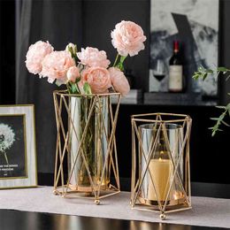 Golden Candlestick Glass Living Room Decor Wedding Decoration Table Centrepieces Candle Holder Gifts Home Decoration Accessories 210722