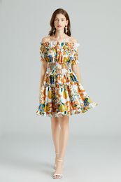 100% Polyester Women's Lemon Printing Dress Sexy Slash Neck Ruffly Fashion Summer Dresses High Elastic Waist Sliming Vestidos