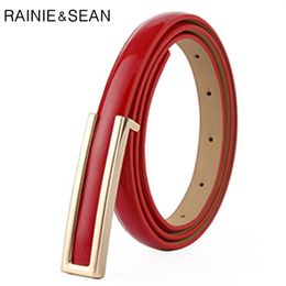 RAINIE SEAN Patent Leather Women Belt Thin Ladies Waist for Trousers Real Leather Red Blue Black White Pink Female Strap 102cm 210407