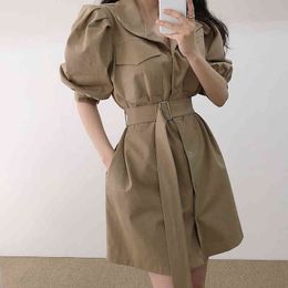 Summer Casual Women's Vintage Dress Robe Solid Colour Lapel Waist Puff Sleeve Tooling With Belt Female Korean Clothing 210514