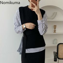 Nomikuma Korea Women 2piece Blouse Sets Striped Long Sleeve Blouses Shirt + Lace Up Slim Waist O-neck Knitted Vest Suits 6C890 210427