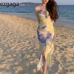 Ezgaga Sexy Bodycon Dress Women Spaghetti Strap Tie Dye Spring Summer Fashion Split High Waist Elegant Party Dress Vestidos 210430