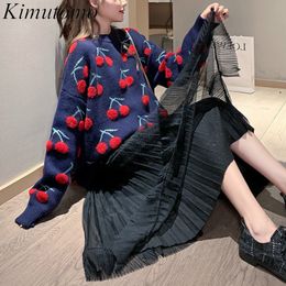 Kimutomo Women Cute Cherry Sweater Winter Korea Chic Fashion Female O-neck Long Sleeve Outwear Loose Christmas Tops 210521