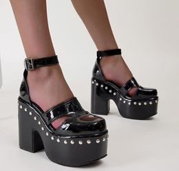 Dress Shoes Early Spring Thick-soled Thick-heel Waterproof Platform Patent Leather Rivet Baotou Hollow Sandals With Single