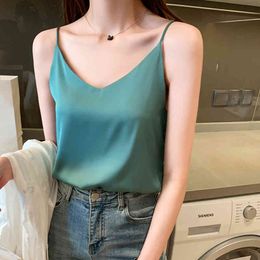 Casual V-Neck Sexy Solid Silk Satin Woman Camis Tank Tops Render Chiffon SleevelCamisole Top Plus Size Halter Camis Tops X0507