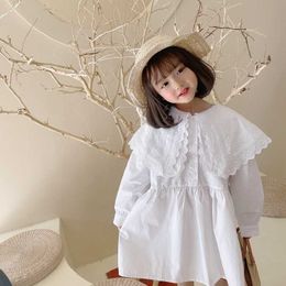 Girls spring autumn big turn-down collar princdresses long sleeve cotton embroidery doublar solid color dress X0803