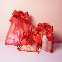 Organza Drawsting Bags red color Storage Bags With Bow Pack Jewelry Display Birthday Gift Candy Wrapping Wholesale