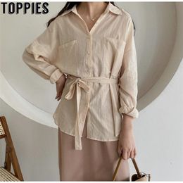 Women Cotton Linen Shirts Blouses Tops Long Sleeve korean white shirts lace-up sashes tops 210421