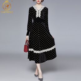 Fashion Designer Autumn Elegant Black Dot Velvet Dresses Women Luxury Lace Patchwork Vintage Midi Vestidos 210520