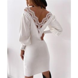 Bodycon Dress Autumn And Winter Sexy V-Neck Halter Lace Stitching Solid Color Long-Sleeved Women Femme Robe 210517