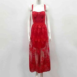 Sommer Frauen Mode Sexy Transparent Pailletten Spitze Rot Designer Lang Party Kleid 210416