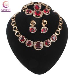 Earrings & Necklace Women Wedding Jewellery Sets Classic Red Gem Crystal Gold Colour Zircon Earring Pendant Ring Bracelet Set