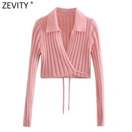 Women Sweet Long Sleeve Open Stitching Belt Short Knitting Sweater Femme Chic Turn Down Collar Casual Cardigan Tops SW800 210420