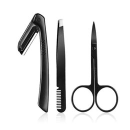 3pcs/Set Black Eyebrow Tweezer Flat Tip Clip Curved Scissors Razor Trimmer Nose Eyelash Hair Removal Stainless Steel Makeup Set Tools & Sten