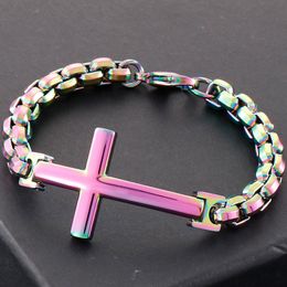 Link, Chain 8MM 22CM Chromme Bracelet Men Men's Cross Bracelets 316L Stainless Steel Handles Friendship Gifts Male Religious Jewellery