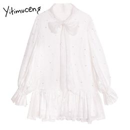 Yitimuceng Bow Dress Women A-Line Mini White Solid Spring Flare Long Sleeve High Waist Sweet Lace Korean Office Lady 210601