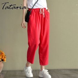 Harem Pants Women Summer Loose Classic White High Waisted Cotton Linen Solid Calf-length Pink Pencil Trousers 210514