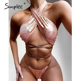 Halter bathing suit Snake set Pink Brazilian bikini thong Lace up swimwear women Summer bathers swimsuit 210414