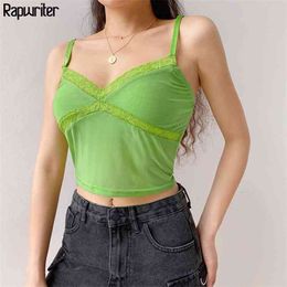 Streetwear Summer Sexy Mesh See Through V Neck Strap Tank Top Women Backless Slim Lace Camis Sleeveless Fashion 210510