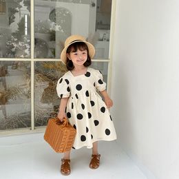 Korean style girls fashion dot square collar long dress cotton kids princess dresses 1-7Y 210508
