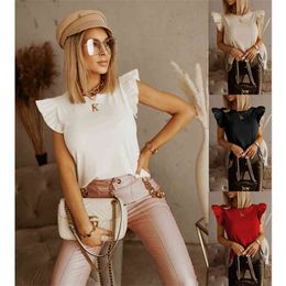 Slim Backless Lace-Up White Tshirts Top Women Summer Solid Colour Back Hollow Bandage Ruffle Short Sleeve T-Shirt Femme Tops 210517
