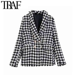 TRAF Women Tops Vintage Houndstooth Double Breasted Blazer Coat Fashion Long Sleeve Frayed Trims Outerwear Chic Plaid Jacket 210415