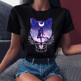 FIXSYS Harajuku Ullzang Tshirt 90s Funny Black T Shirt Aesthetic Cat Anime Women Female T-shirt Kawaii Tops Tee X0527