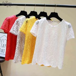 Summer Plus Size Short Sleeve Lace Chiffon Blouse Women Korean Version Solid Loose Office Lady Blouses white 4805 210521